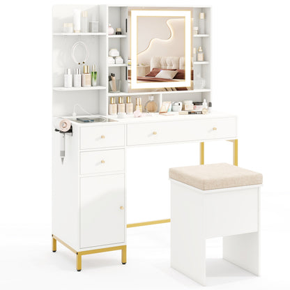 Makeup Dressing Table And Stool Set, 3 Lighting Modes, Cabinet, White Makeup Vanities at Gallery Canada