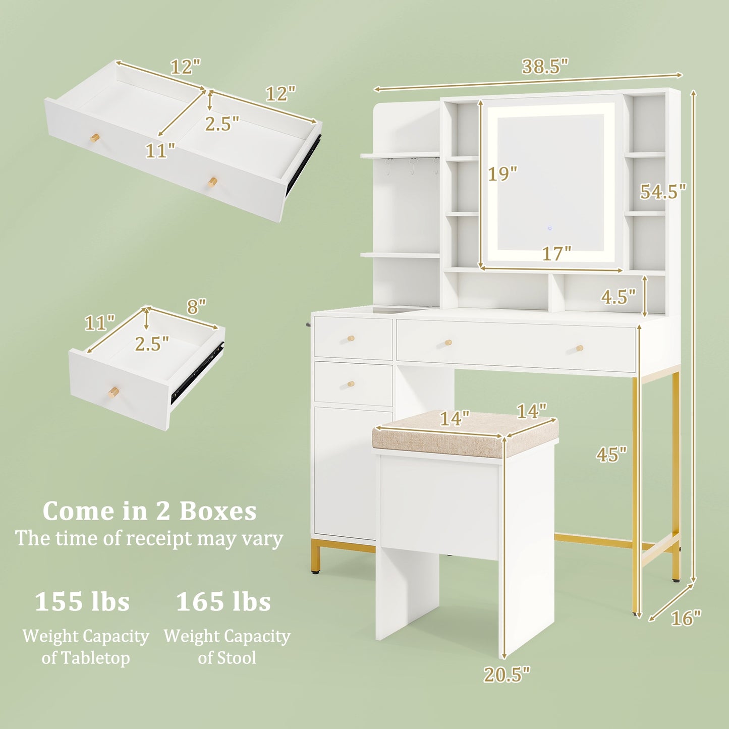 Makeup Dressing Table And Stool Set, 3 Lighting Modes, Cabinet, White Makeup Vanities at Gallery Canada