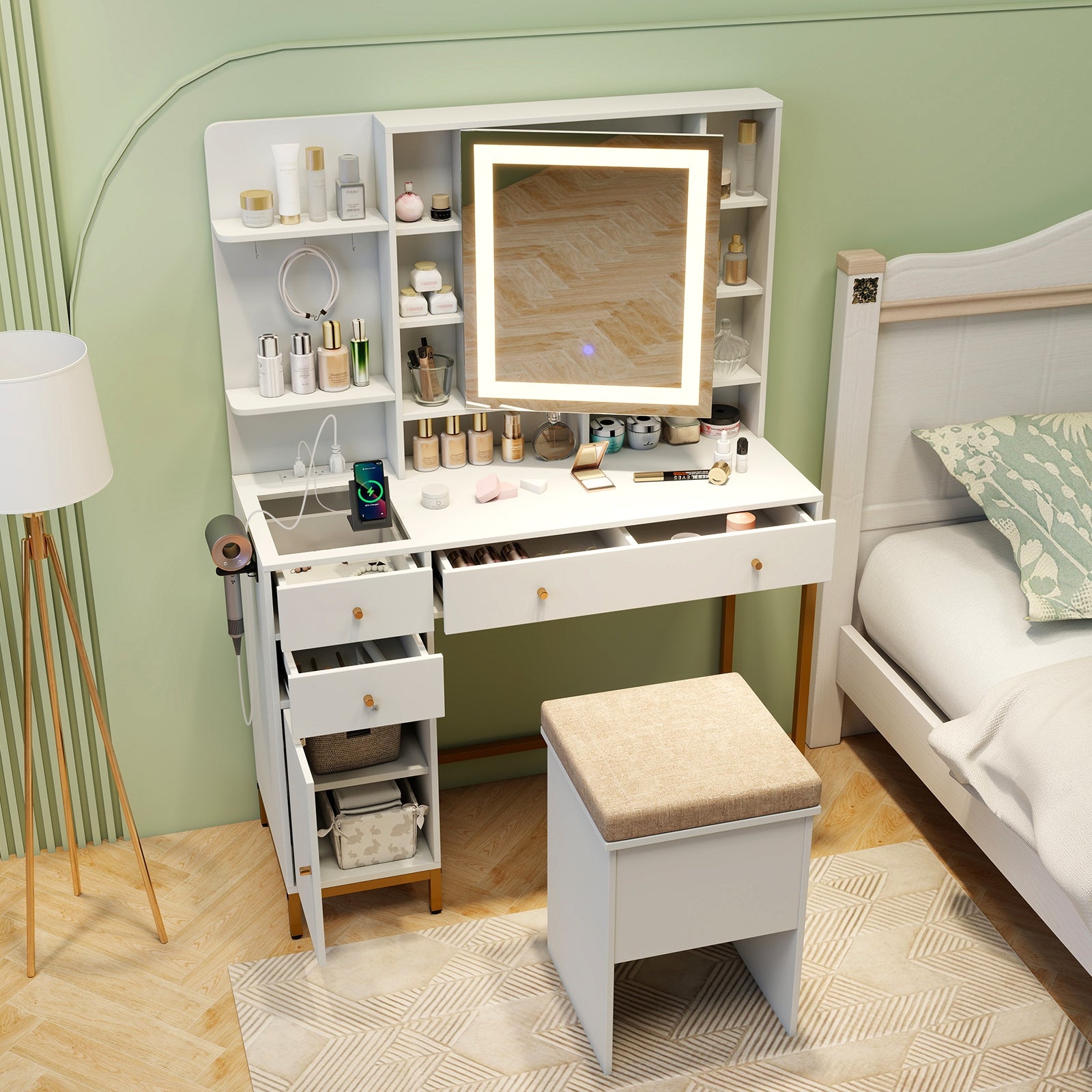 Makeup Dressing Table And Stool Set, 3 Lighting Modes, Cabinet, White Makeup Vanities at Gallery Canada