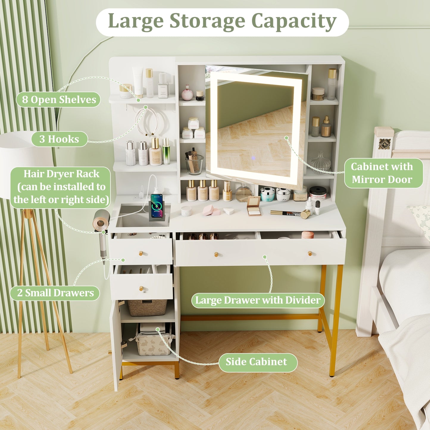 Makeup Dressing Table And Stool Set, 3 Lighting Modes, Cabinet, White Makeup Vanities at Gallery Canada