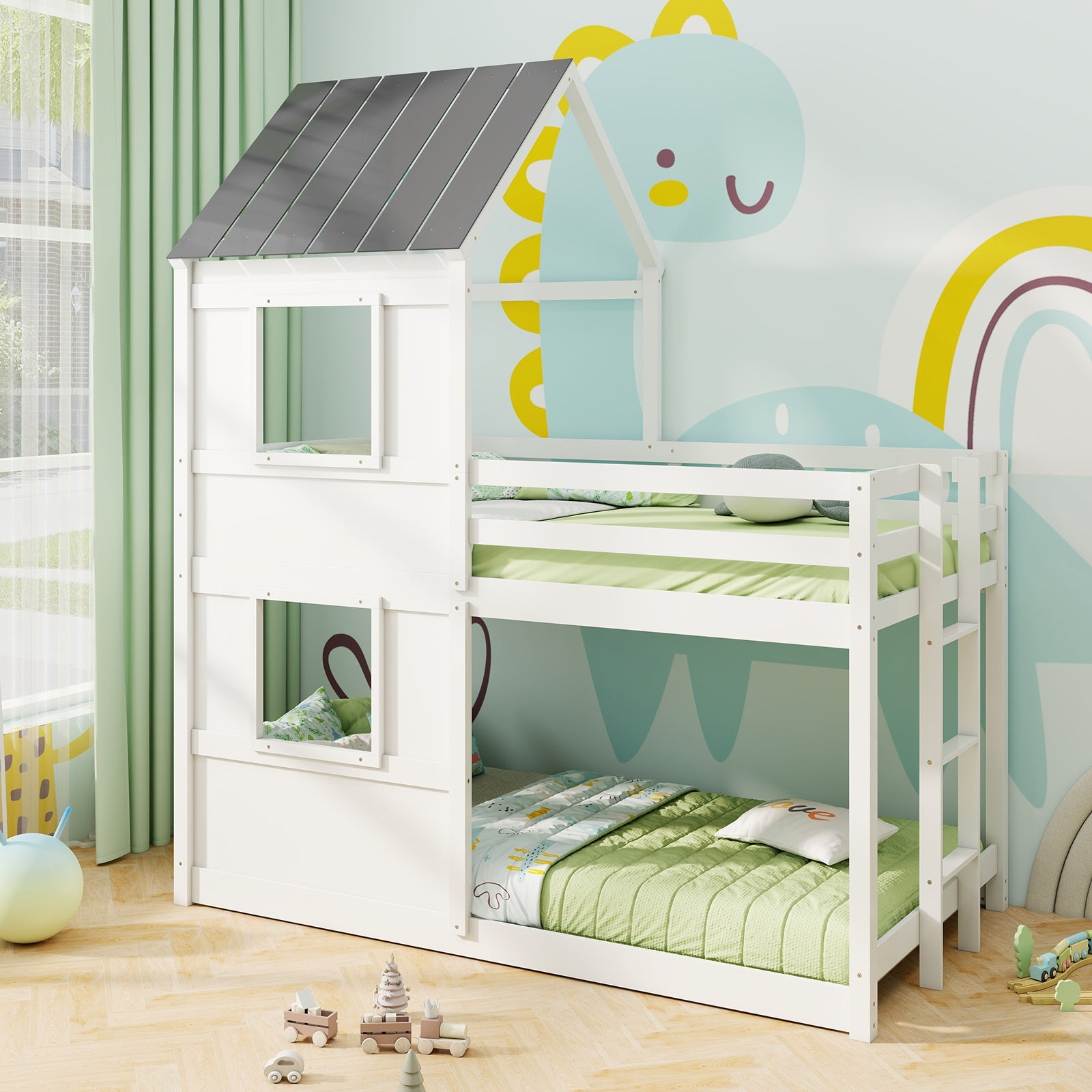 Wooden Twin Over Twin Bunk Bed, Full Safety Guardrail, Ladder, White, Gray Bunk Bed Frame at Gallery Canada