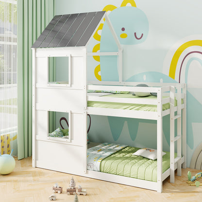 Wooden Twin Over Twin Bunk Bed, Full Safety Guardrail, Ladder, White, Gray Bunk Bed Frame at Gallery Canada