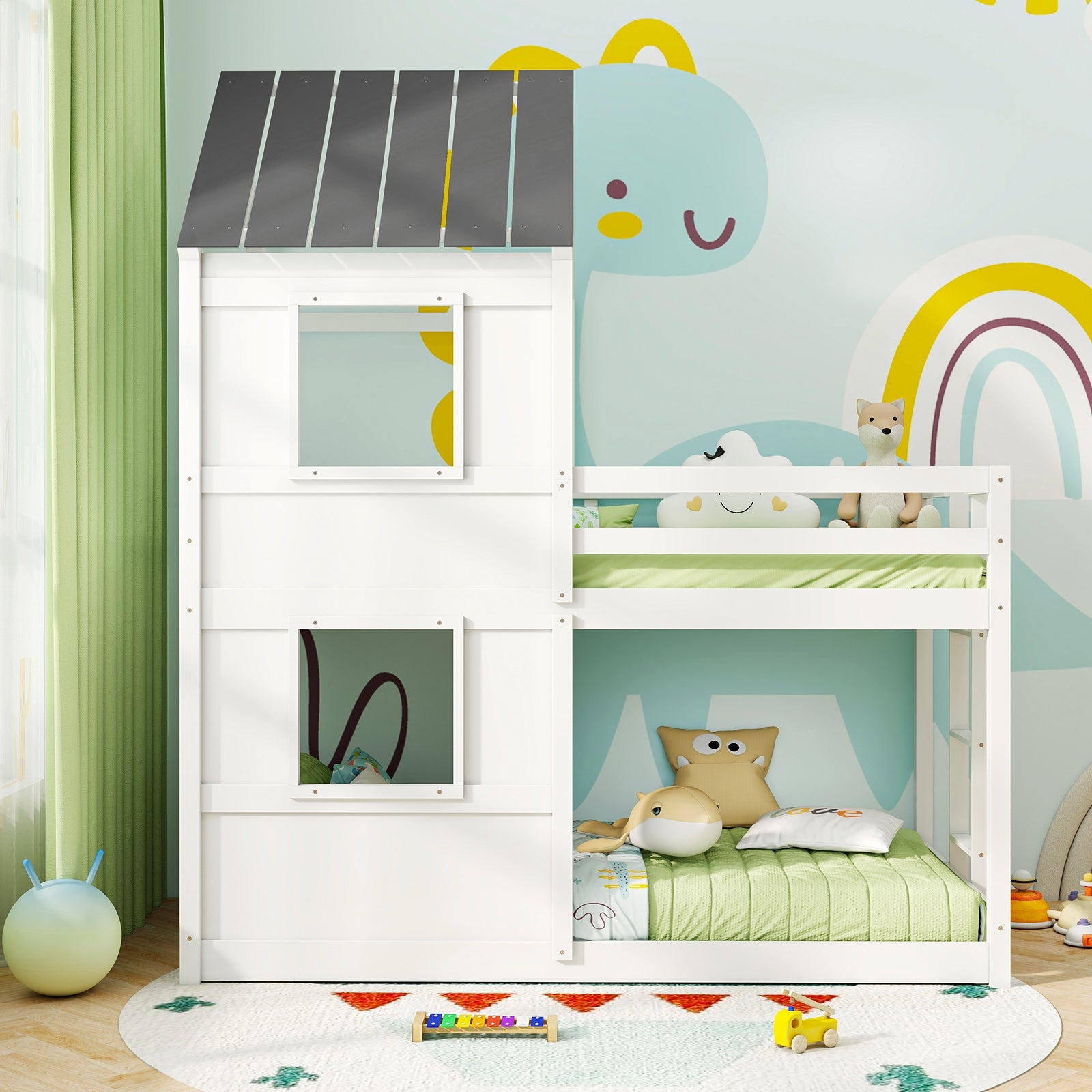 Wooden Twin Over Twin Bunk Bed, Full Safety Guardrail, Ladder, White, Gray Bunk Bed Frame at Gallery Canada