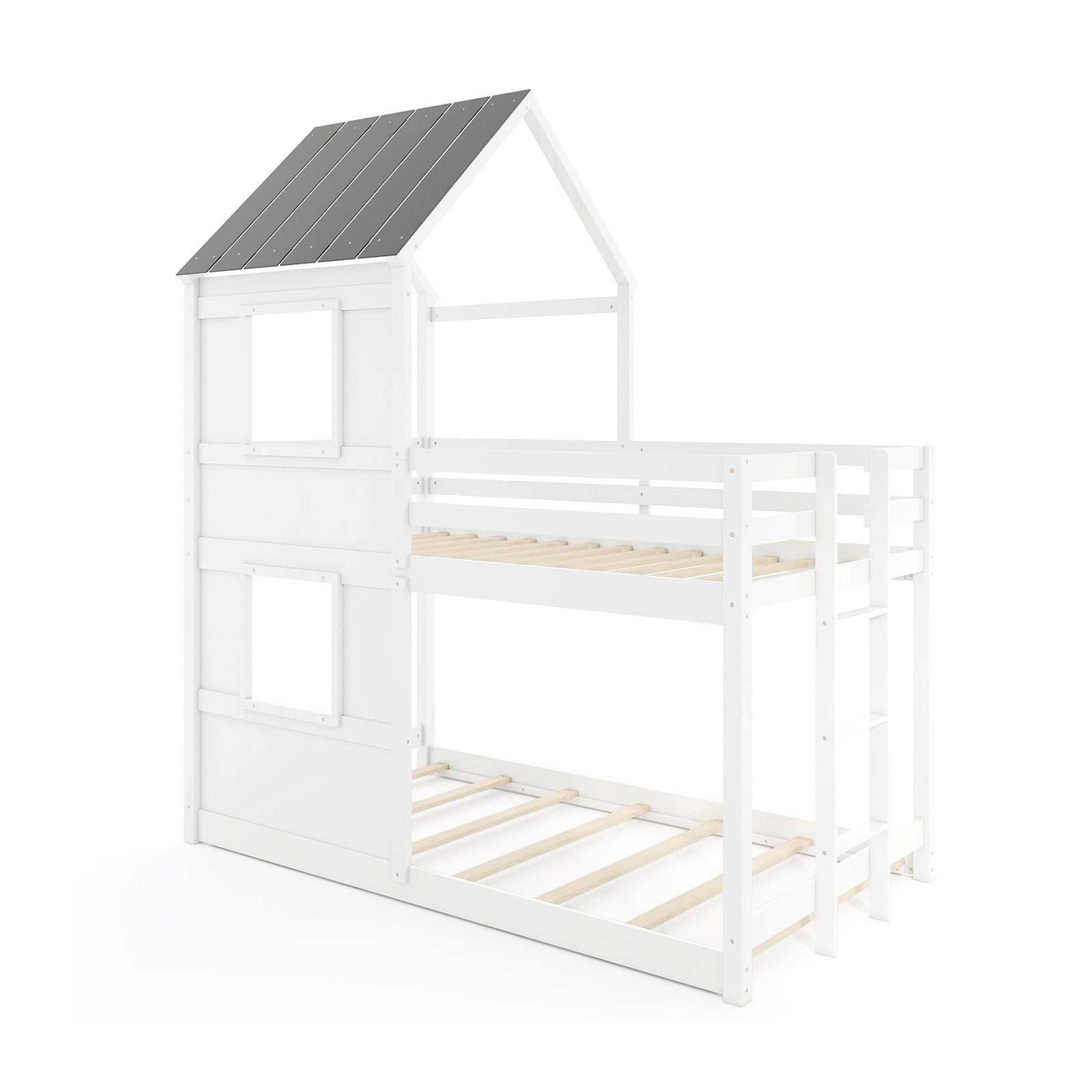 Wooden Twin Over Twin Bunk Bed, Full Safety Guardrail, Ladder, White, Gray Bunk Bed Frame Gray & White at Gallery Canada