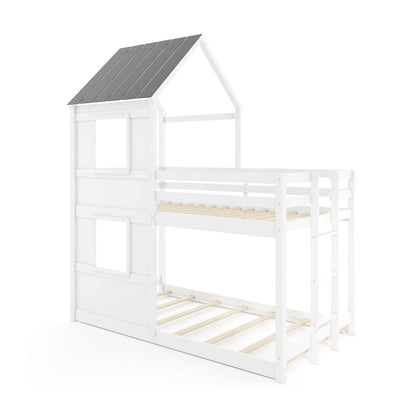 Wooden Twin Over Twin Bunk Bed, Full Safety Guardrail, Ladder, White, Gray Bunk Bed Frame Gray & White at Gallery Canada