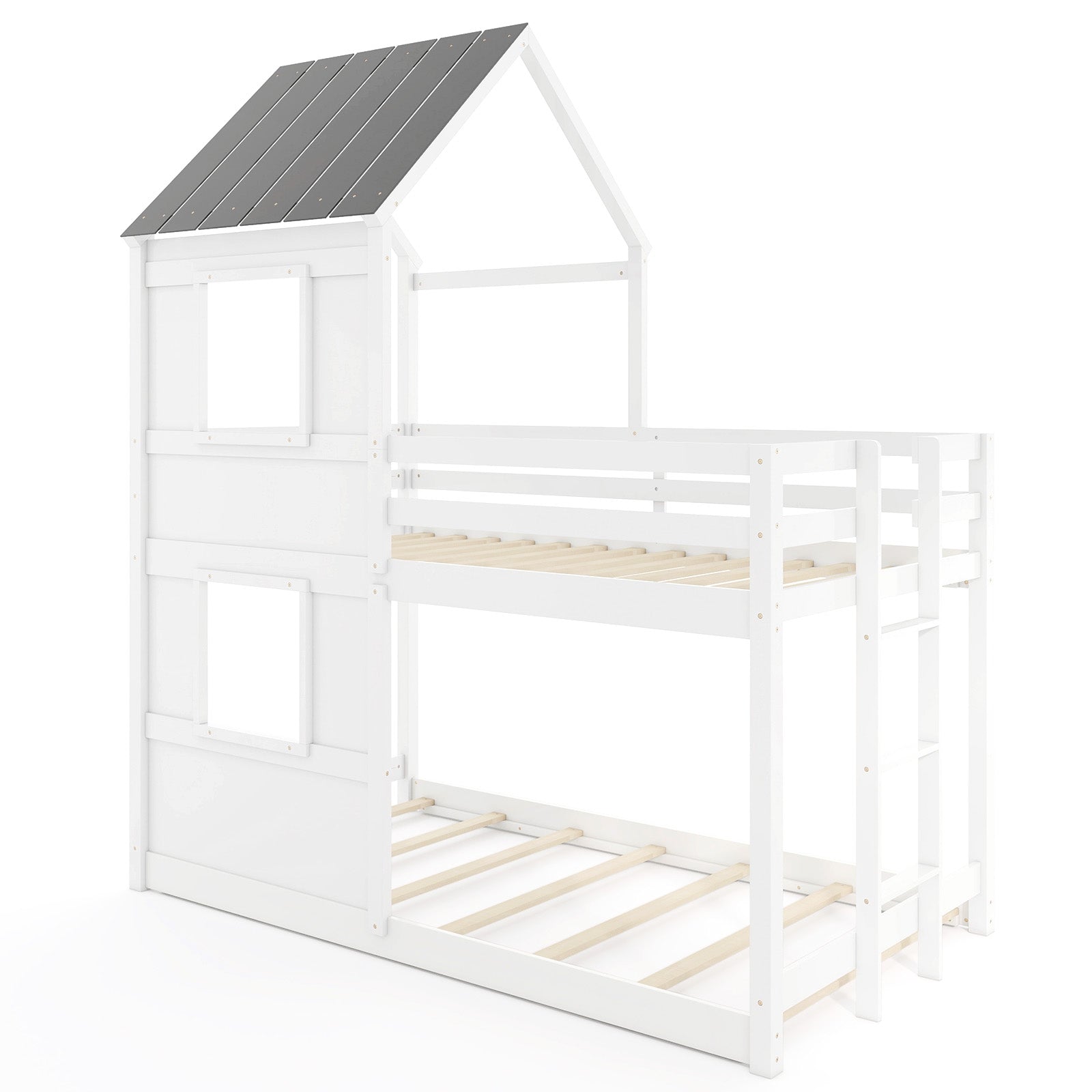 Wooden Twin Over Twin Bunk Bed, Full Safety Guardrail, Ladder, White, Gray Bunk Bed Frame at Gallery Canada