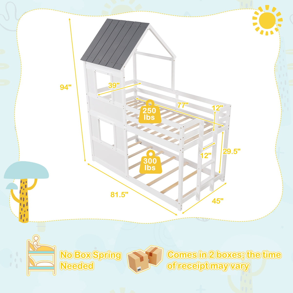 Wooden Twin Over Twin Bunk Bed, Full Safety Guardrail, Ladder, White, Gray Bunk Bed Frame at Gallery Canada