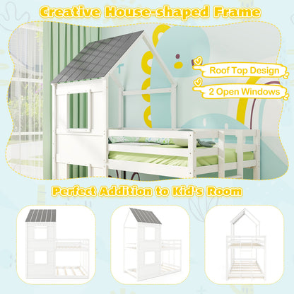 Wooden Twin Over Twin Bunk Bed, Full Safety Guardrail, Ladder, White, Gray Bunk Bed Frame at Gallery Canada