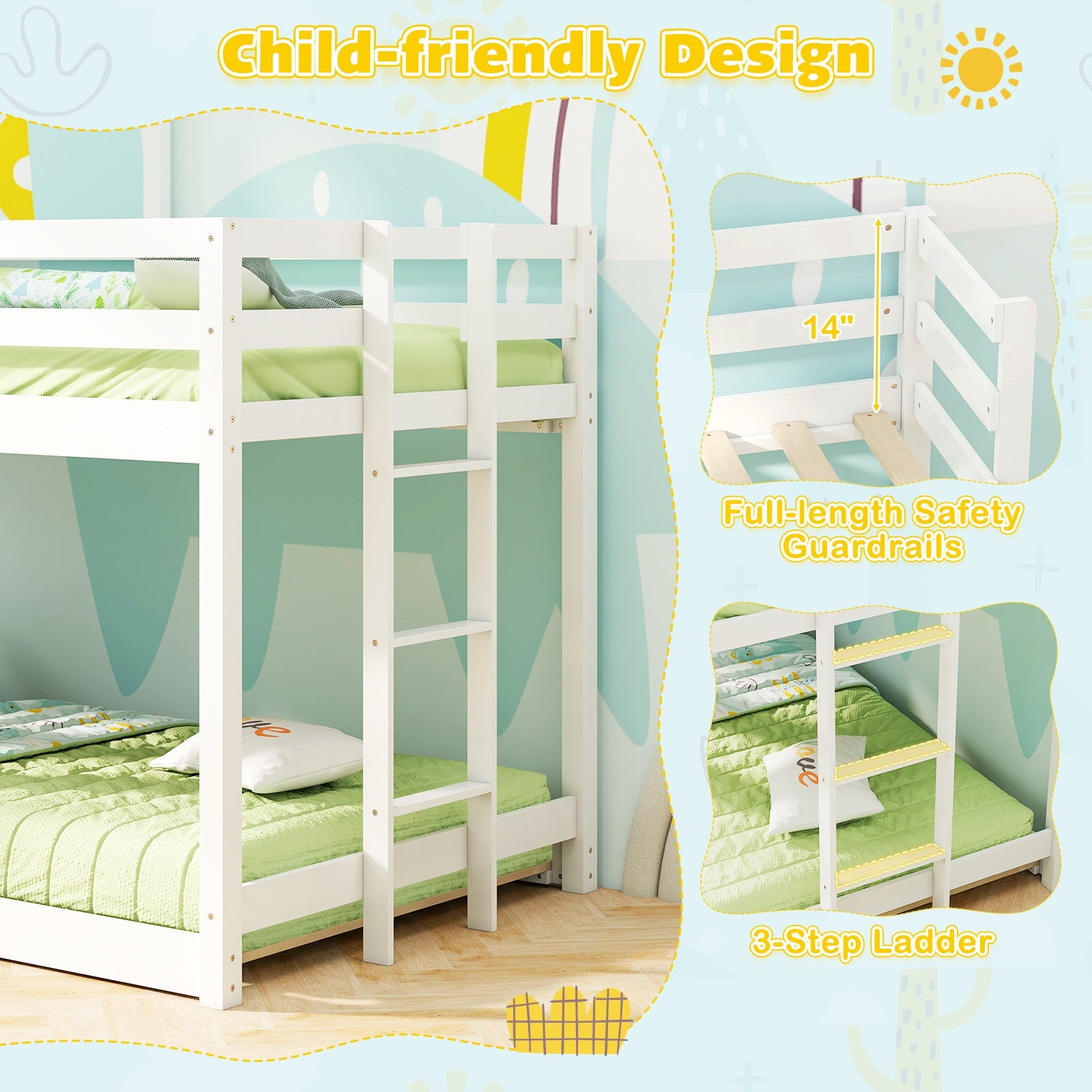 Wooden Twin Over Twin Bunk Bed, Full Safety Guardrail, Ladder, White, Gray Bunk Bed Frame at Gallery Canada