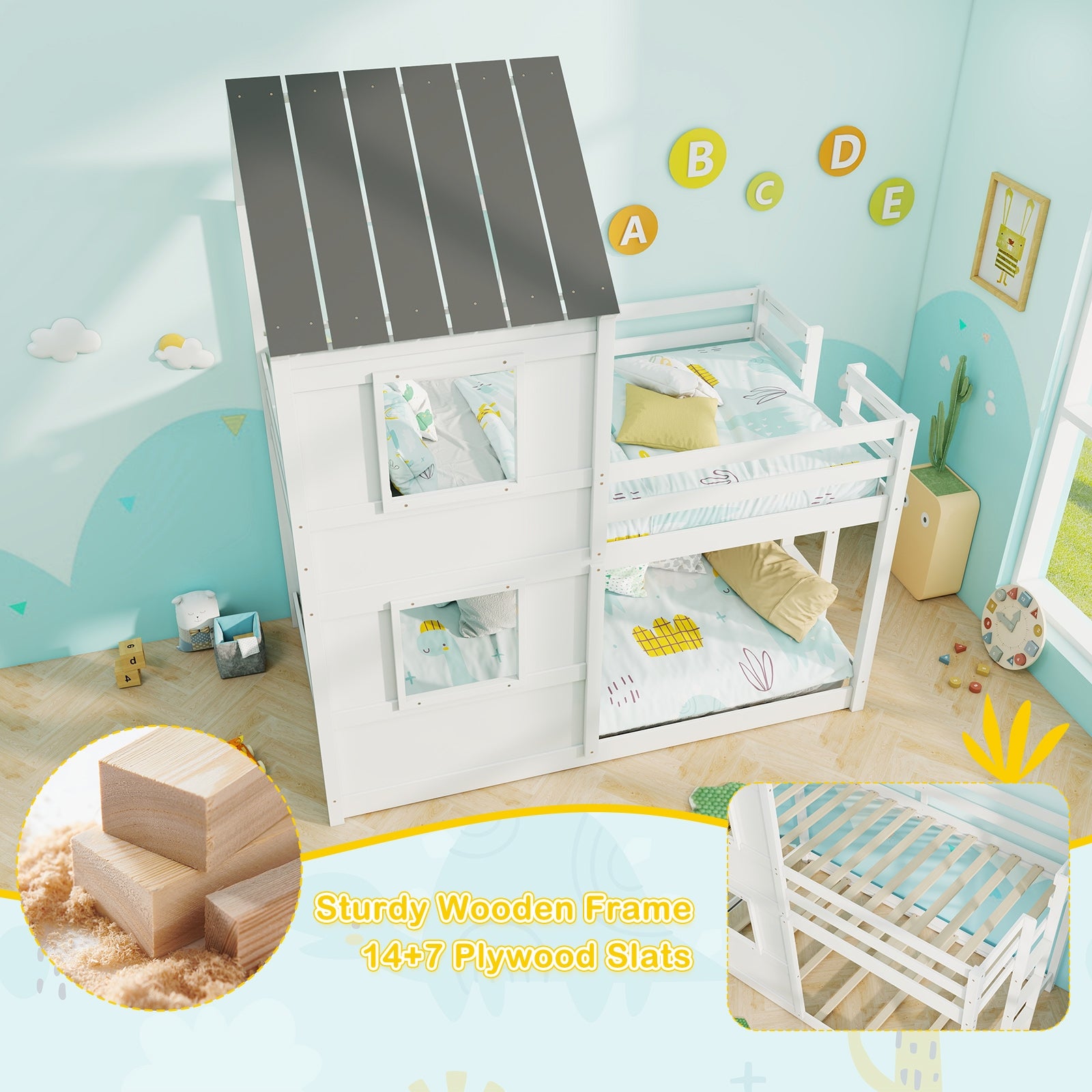 Wooden Twin Over Twin Bunk Bed, Full Safety Guardrail, Ladder, White, Gray Bunk Bed Frame at Gallery Canada