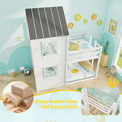 Wooden Twin Over Twin Bunk Bed, Full Safety Guardrail, Ladder, White, Gray Bunk Bed Frame at Gallery Canada