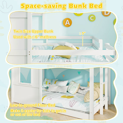Wooden Twin Over Twin Bunk Bed, Full Safety Guardrail, Ladder, White, Gray Bunk Bed Frame at Gallery Canada