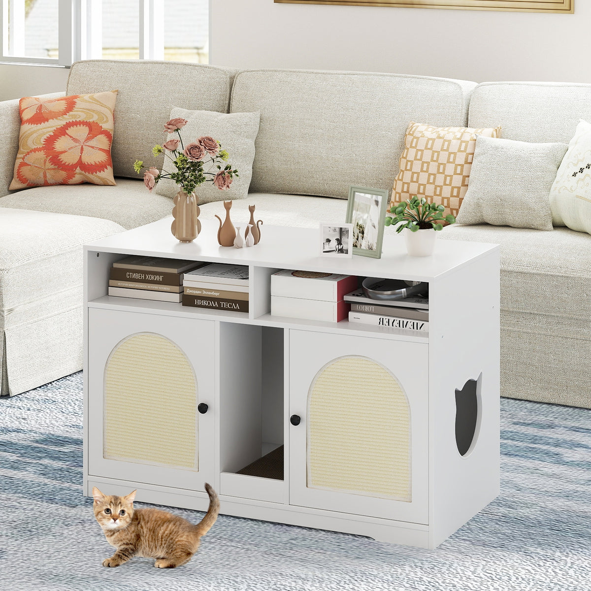 43 Inches Cat Litter Box Enclosure, Storage, Double Rooms, White Cat Houses at Gallery Canada