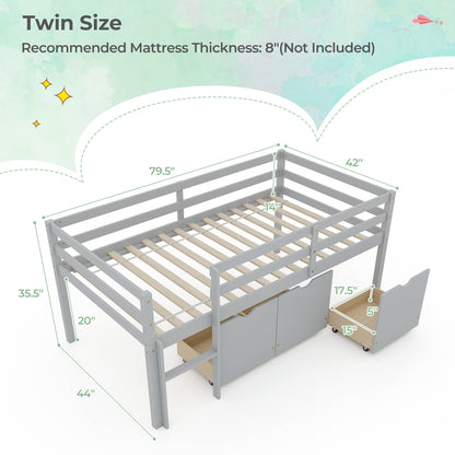 Twin Size Low Loft Bed With 3 Drawers, Ladder, Full Guardrails, Gray Trundle Bed Frame at Gallery Canada