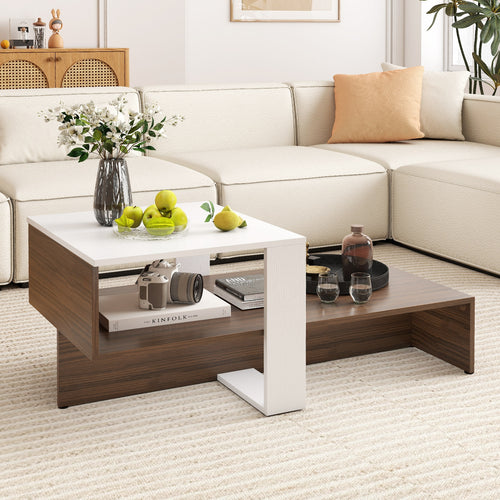 2-Tier Geometric Coffee Table, Storage Shelves, And Brown, White