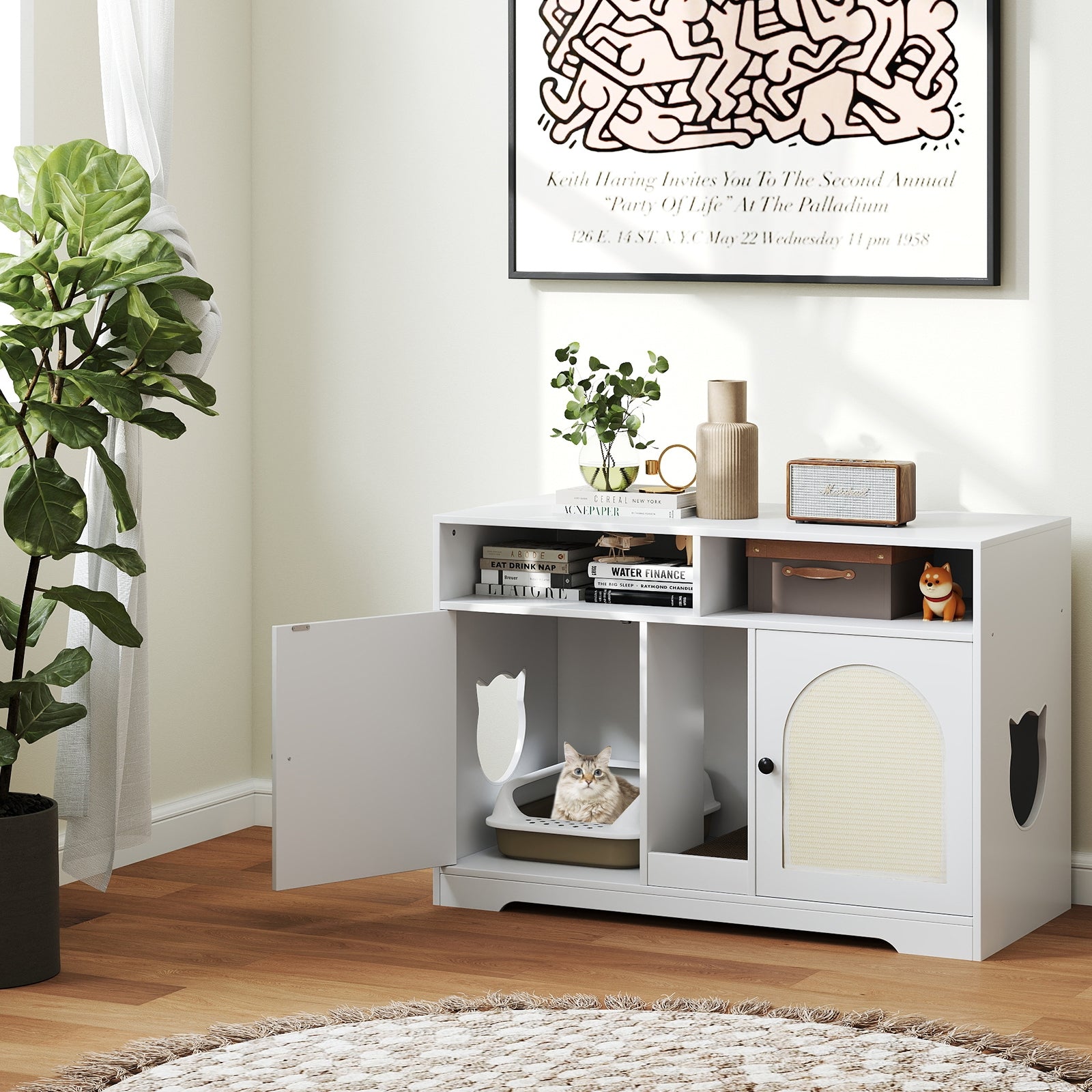 43 Inches Cat Litter Box Enclosure, Storage, Double Rooms, White Cat Houses at Gallery Canada
