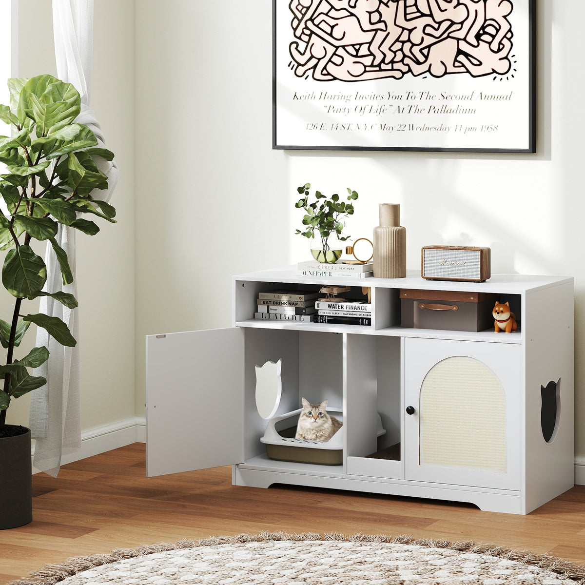 43 Inches Cat Litter Box Enclosure, Storage, Double Rooms, White Cat Houses at Gallery Canada