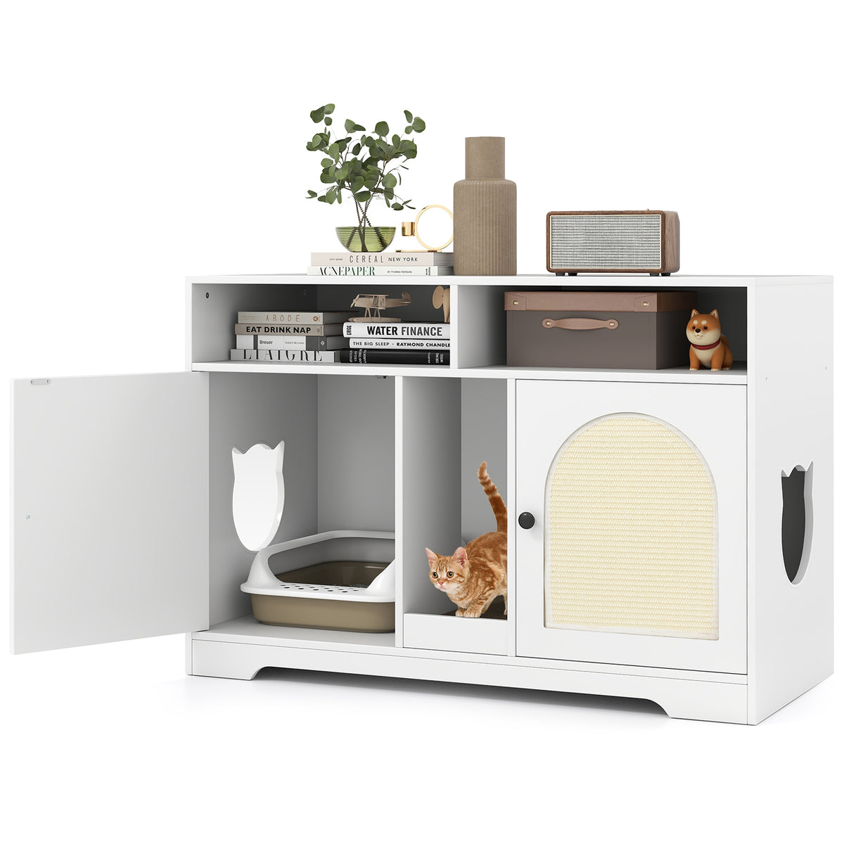 43 Inches Cat Litter Box Enclosure, Storage, Double Rooms, White Cat Houses White at Gallery Canada
