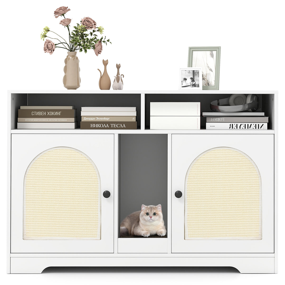 43 Inches Cat Litter Box Enclosure, Storage, Double Rooms, White Cat Houses at Gallery Canada