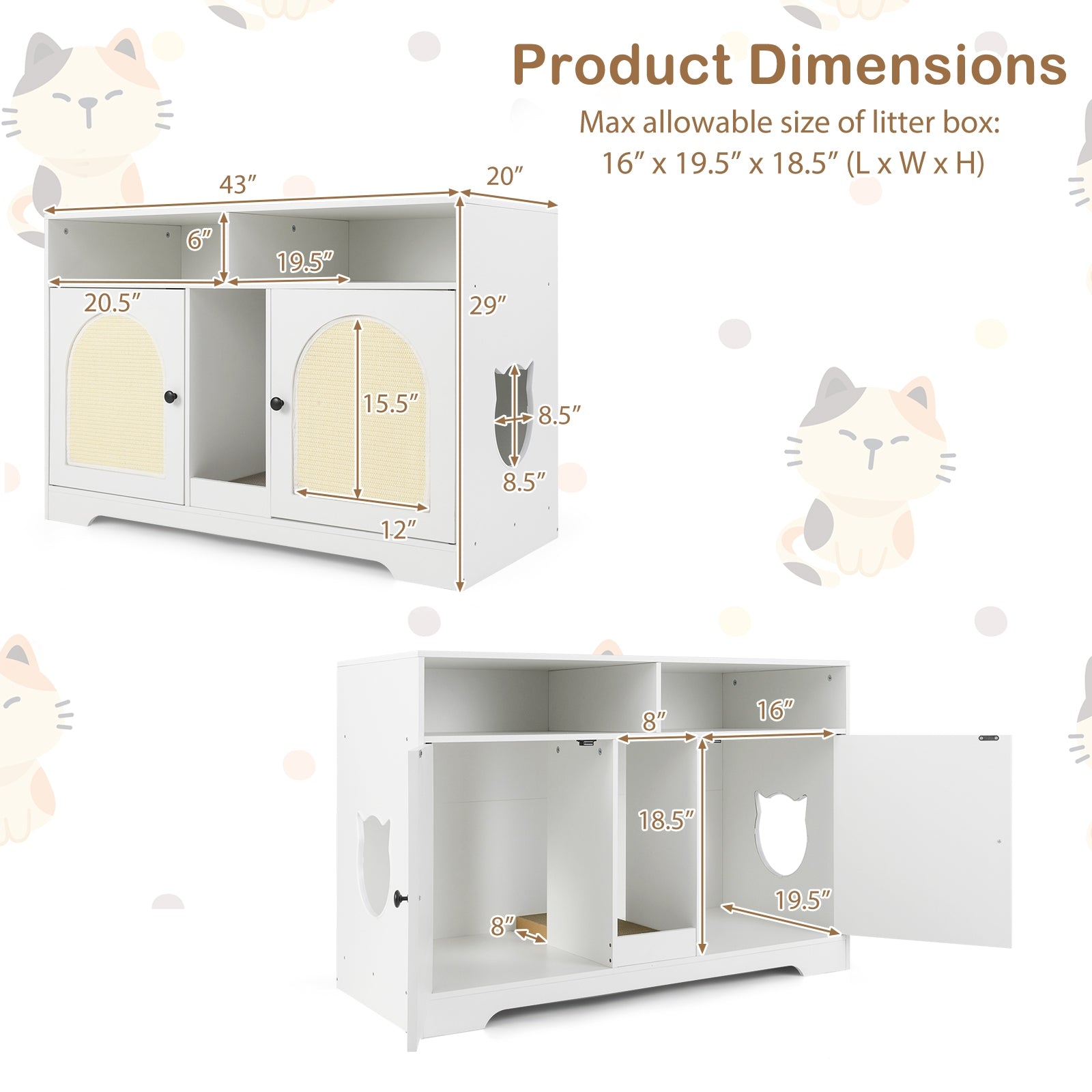 43 Inches Cat Litter Box Enclosure, Storage, Double Rooms, White Cat Houses at Gallery Canada