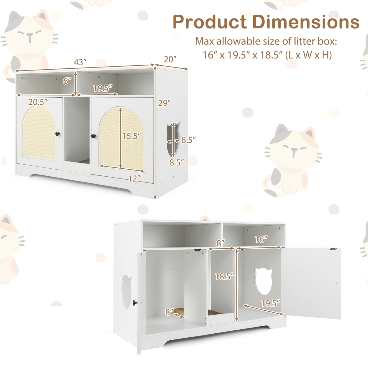 43 Inches Cat Litter Box Enclosure, Storage, Double Rooms, White Cat Houses at Gallery Canada