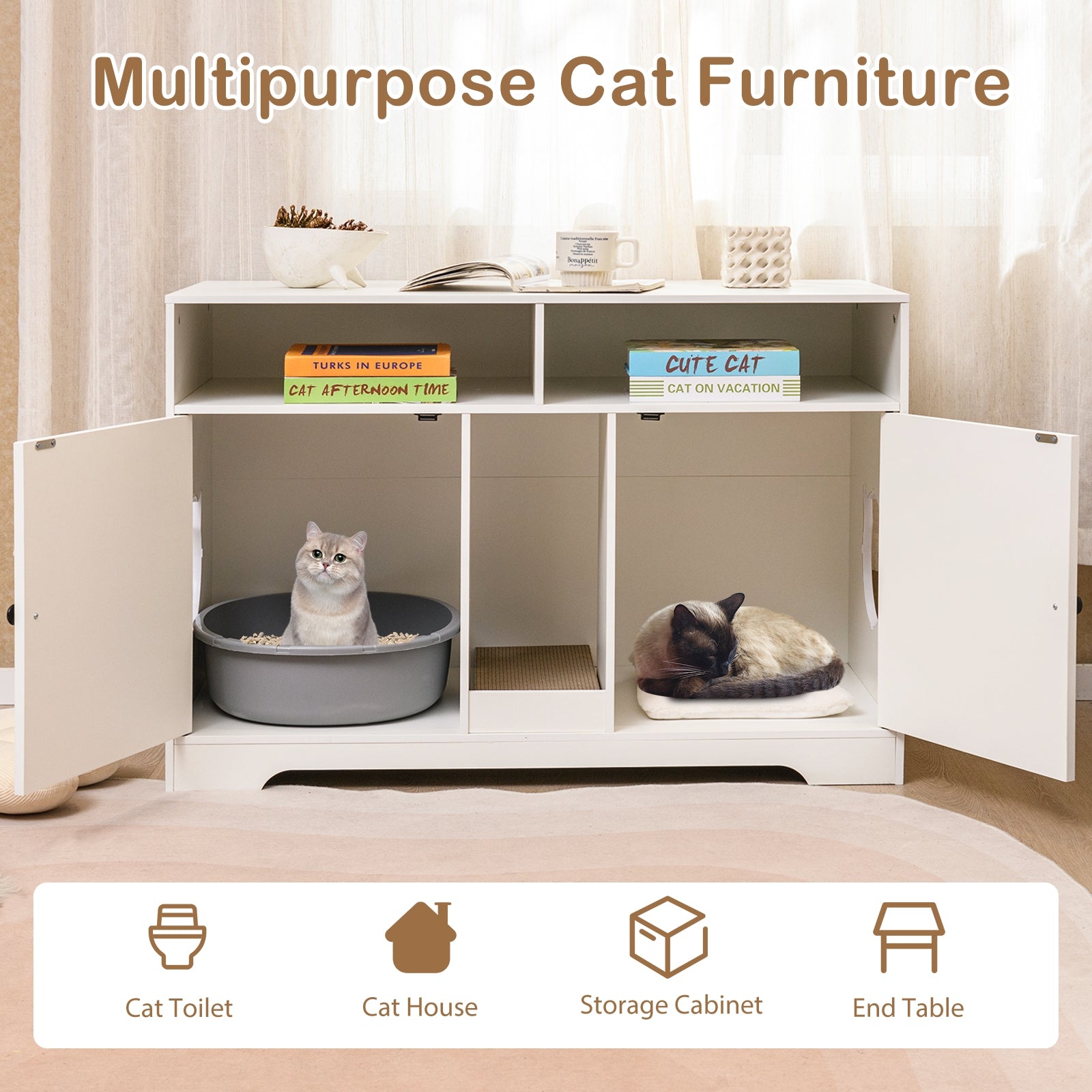 43 Inches Cat Litter Box Enclosure, Storage, Double Rooms, White Cat Houses at Gallery Canada