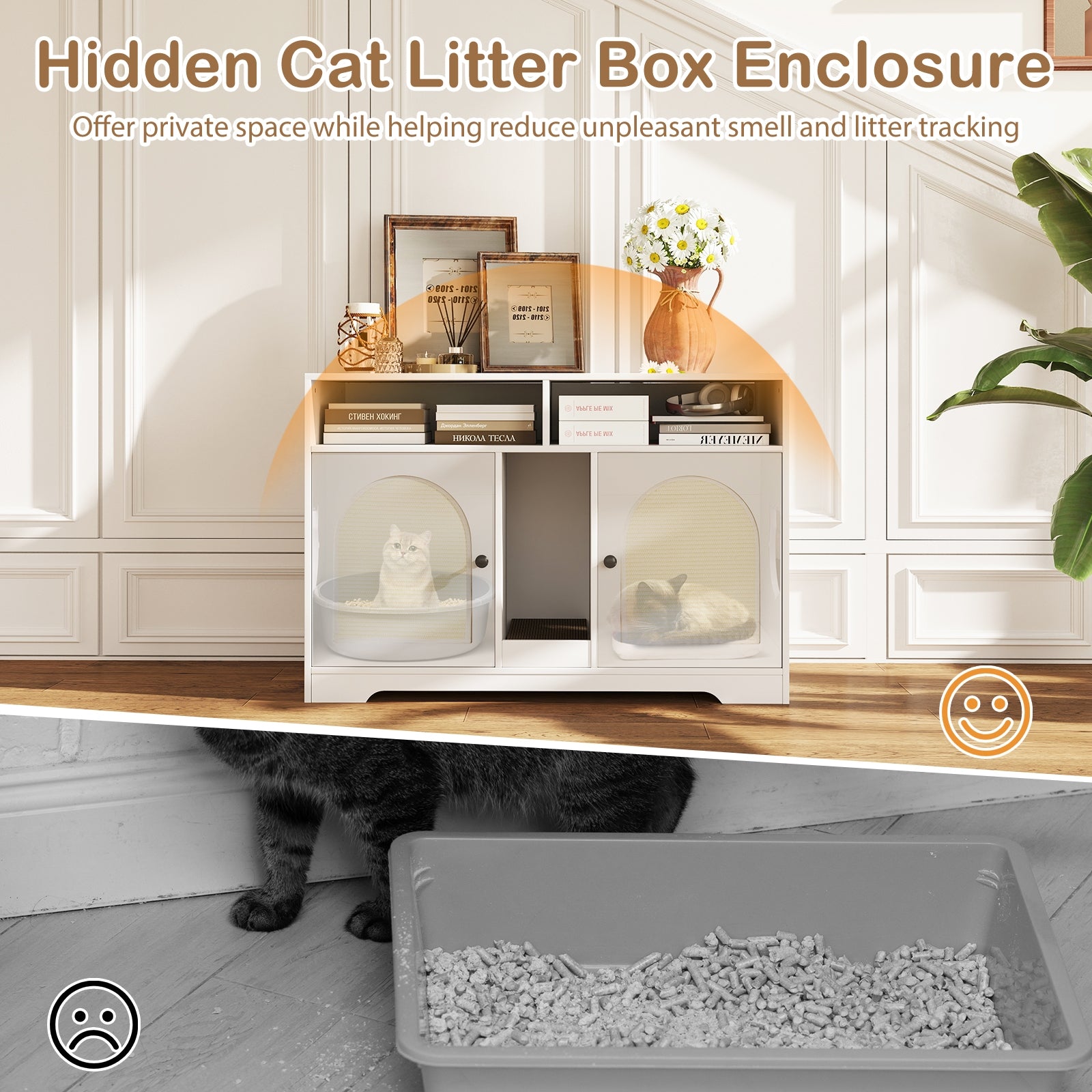 43 Inches Cat Litter Box Enclosure, Storage, Double Rooms, White Cat Houses at Gallery Canada