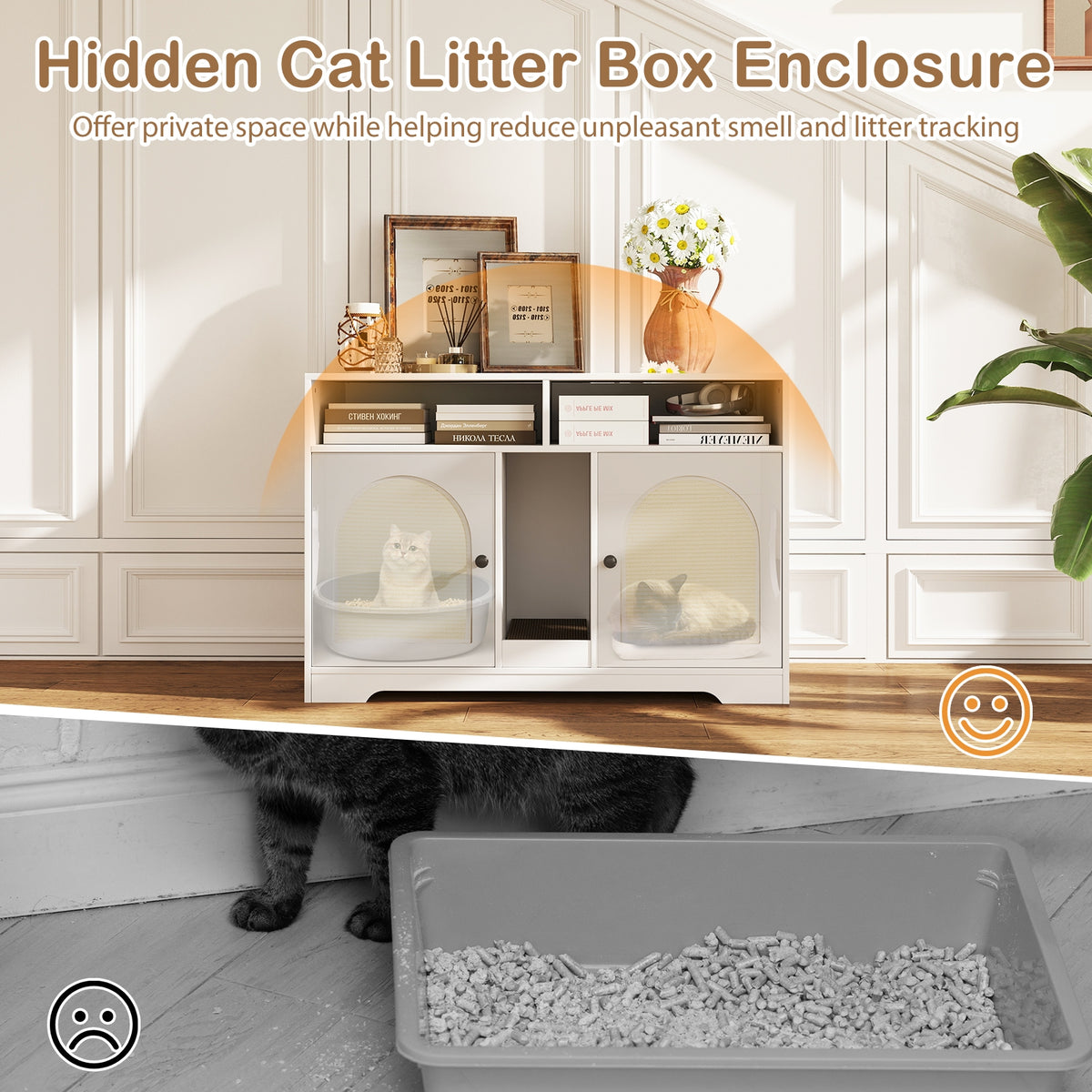 43 Inches Cat Litter Box Enclosure, Storage, Double Rooms, White Cat Houses at Gallery Canada