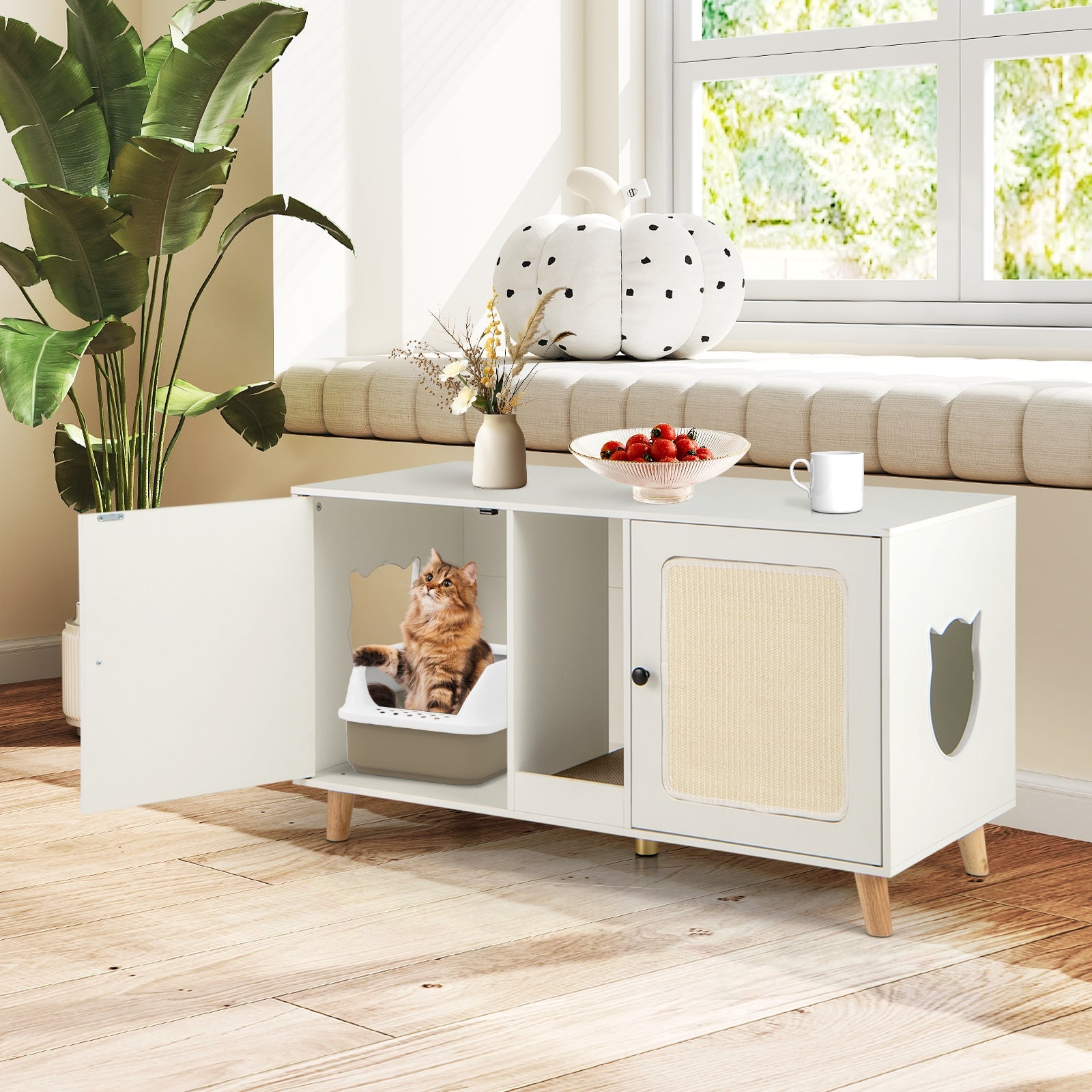 43 Inches Cat Litter Box Enclosure with Double Rooms and 2 Sisal Scratching Mats, White Cat Houses at Gallery Canada