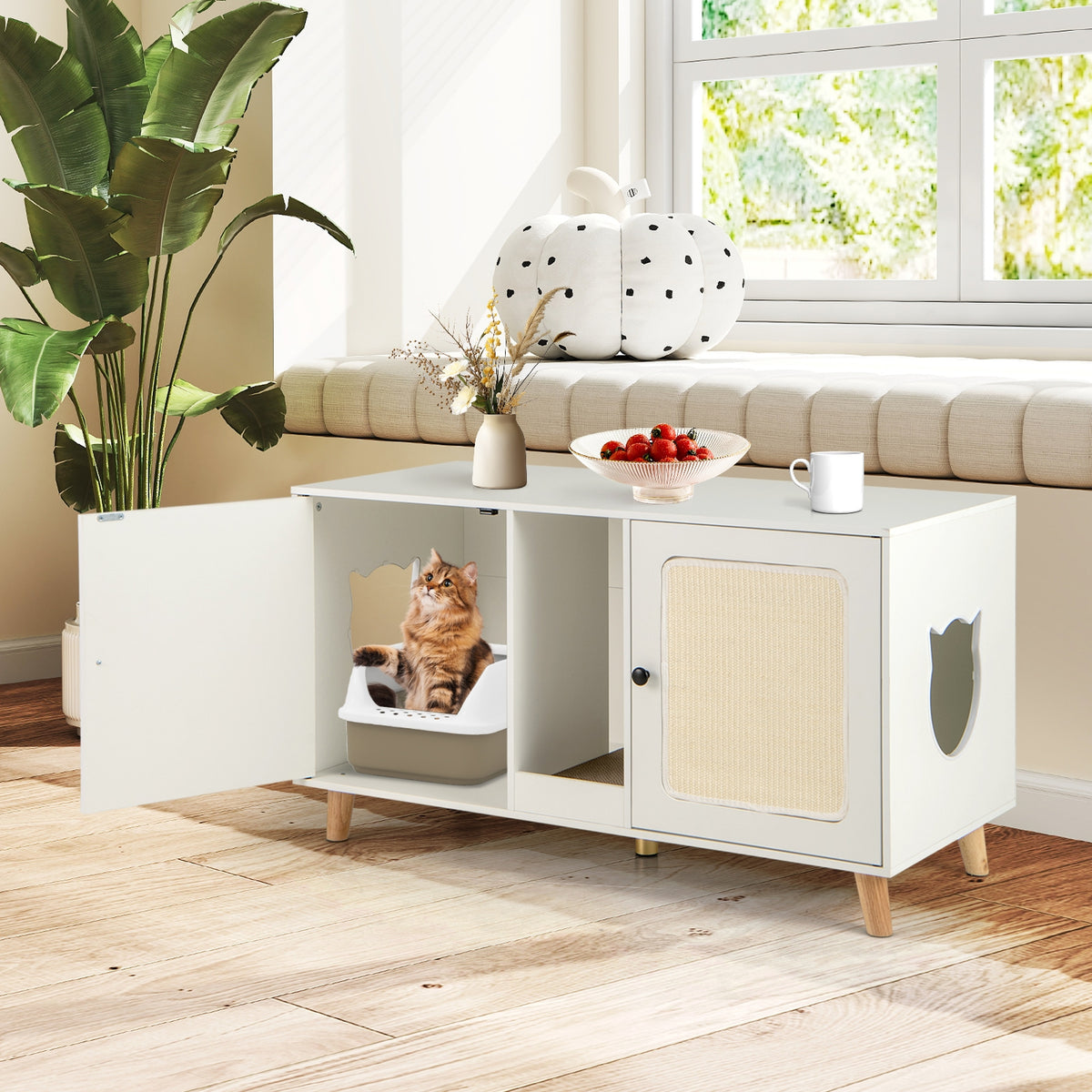 43 Inches Cat Litter Box Enclosure with Double Rooms and 2 Sisal Scratching Mats, White Cat Houses at Gallery Canada