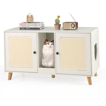 43 Inches Cat Litter Box Enclosure with Double Rooms and 2 Sisal Scratching Mats, White Cat Houses at Gallery Canada