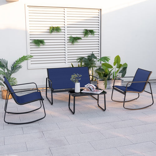 4 Piece Patio Rocking Set, Glass-Top Table, Navy