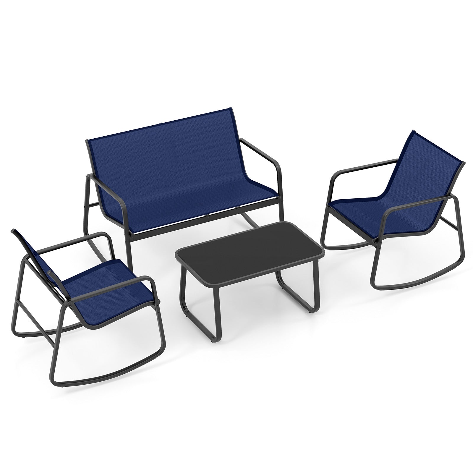 4 Piece Patio Rocking Set, Glass-Top Table, Navy Patio Conversation Sets Navy at Gallery Canada