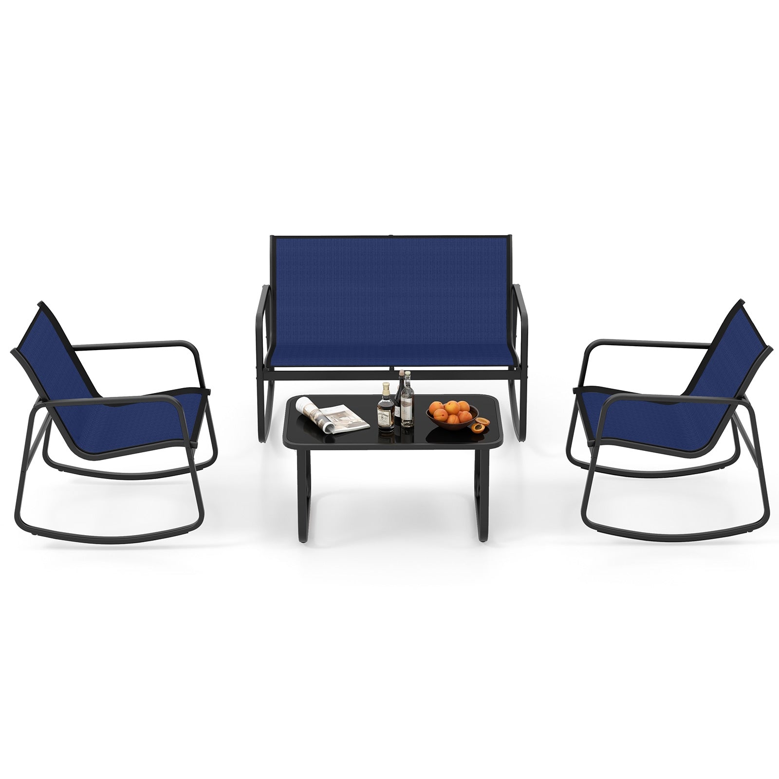 4 Piece Patio Rocking Set, Glass-Top Table, Navy Patio Conversation Sets at Gallery Canada