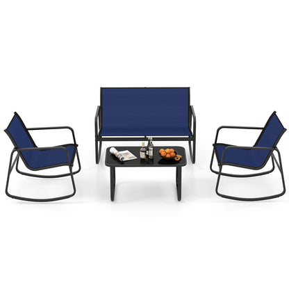 4 Piece Patio Rocking Set, Glass-Top Table, Navy Patio Conversation Sets at Gallery Canada