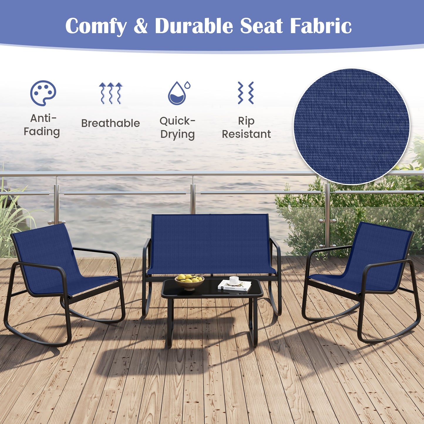 4 Piece Patio Rocking Set, Glass-Top Table, Navy Patio Conversation Sets at Gallery Canada