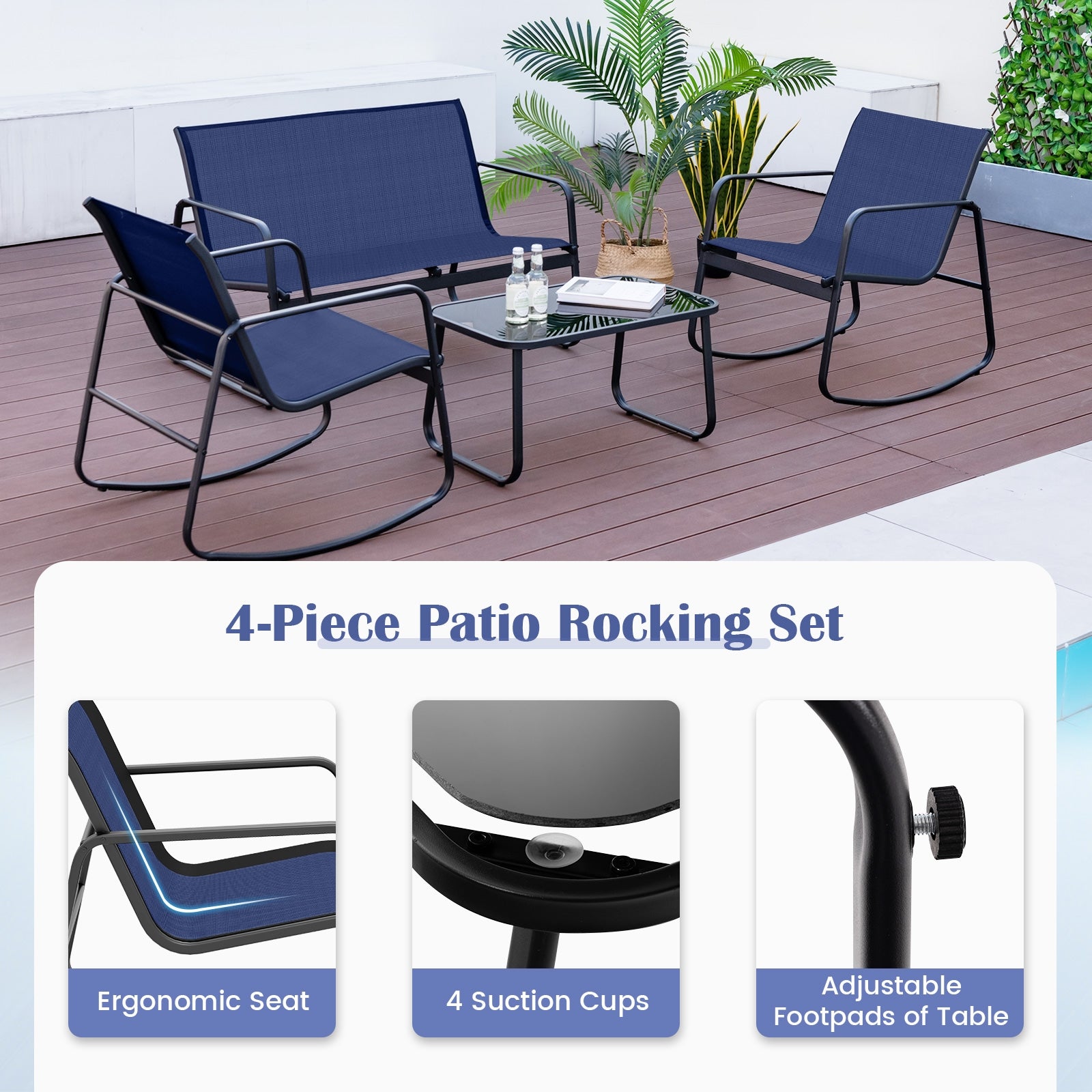 4 Piece Patio Rocking Set, Glass-Top Table, Navy Patio Conversation Sets at Gallery Canada