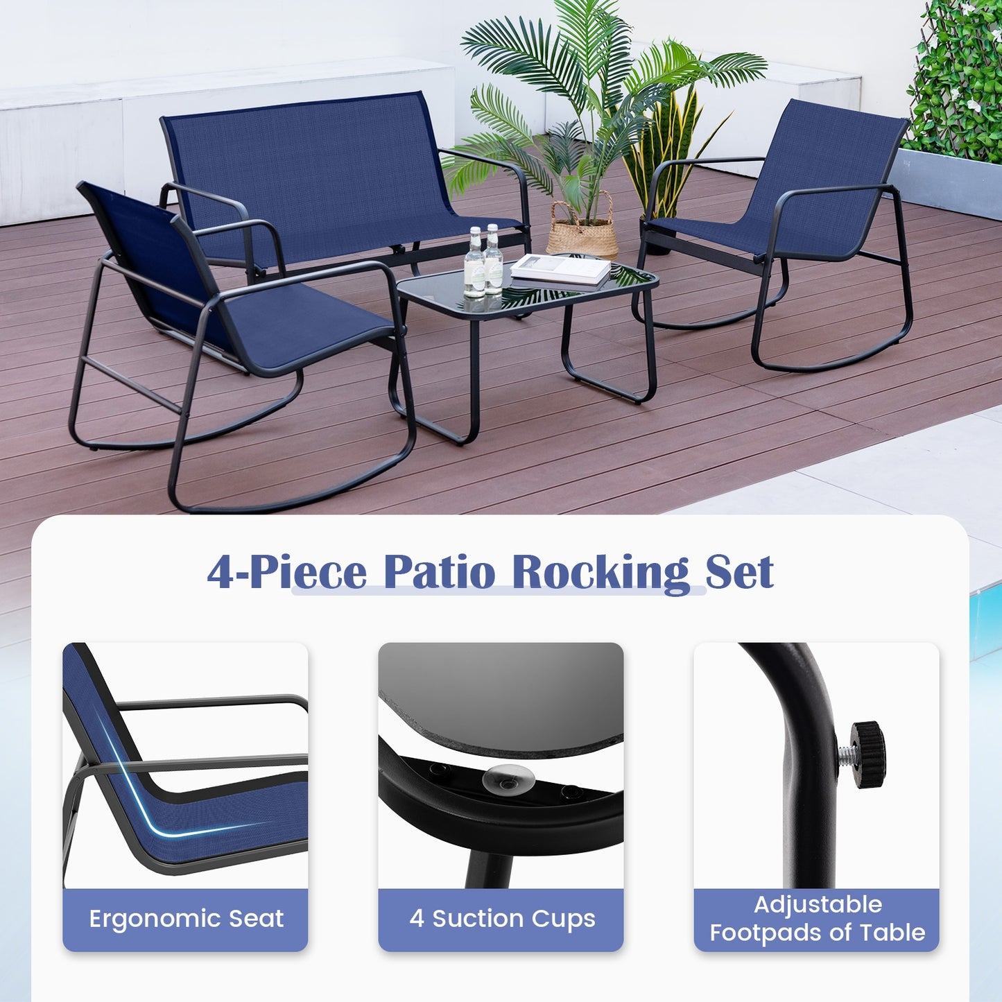 4 Piece Patio Rocking Set, Glass-Top Table, Navy Patio Conversation Sets at Gallery Canada