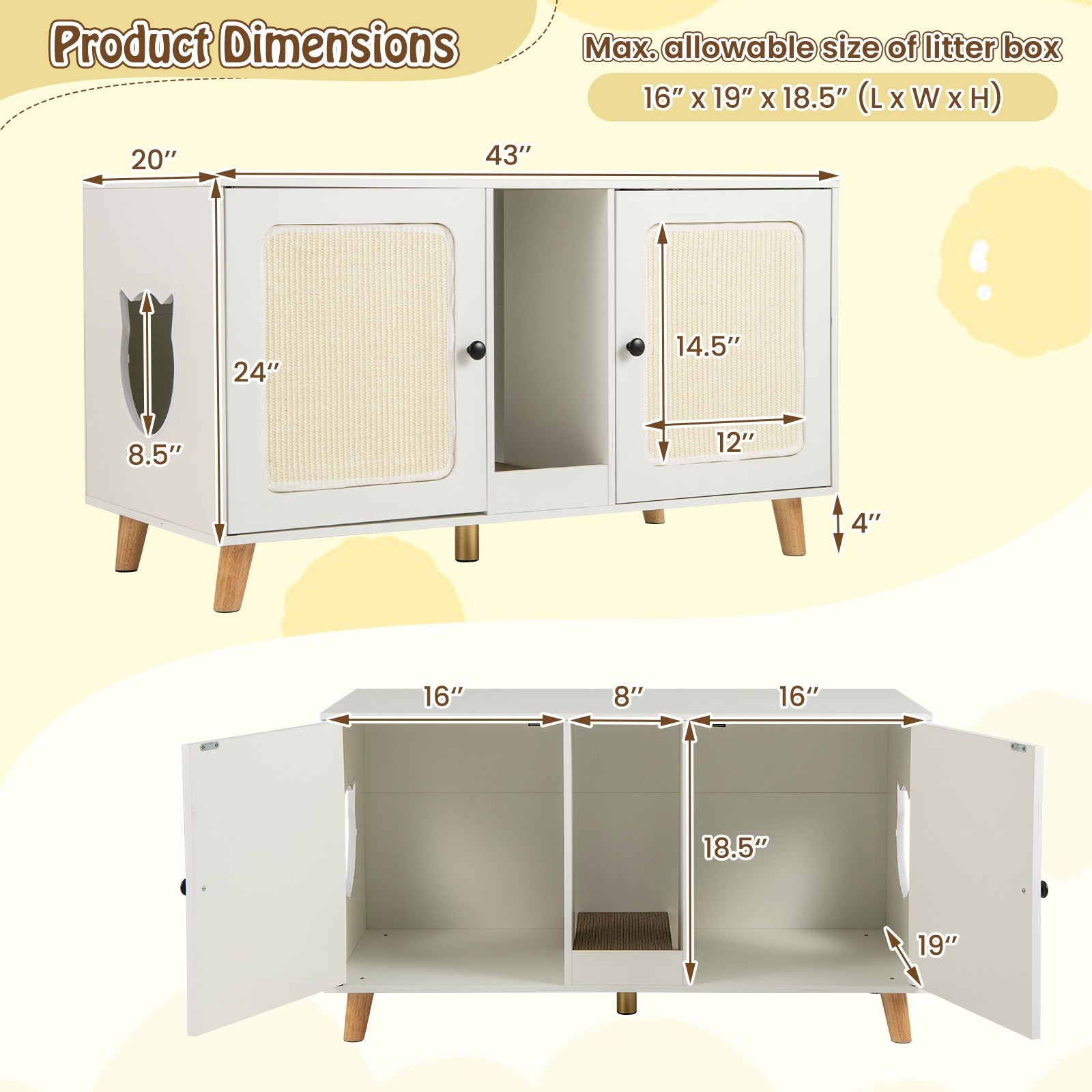 43 Inches Cat Litter Box Enclosure with Double Rooms and 2 Sisal Scratching Mats, White Cat Houses at Gallery Canada