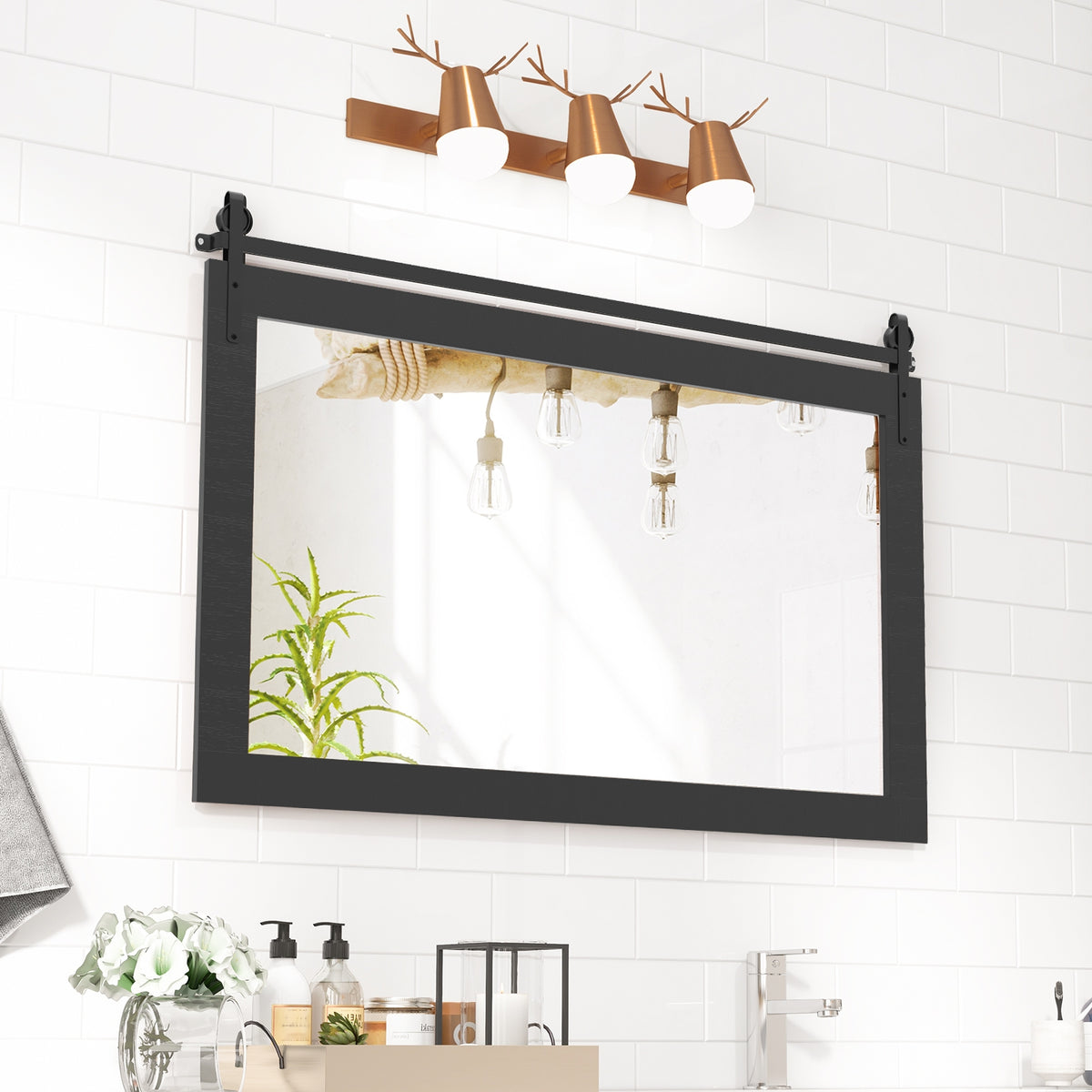 Rectangle Barn Door Wall Mirror, Solid Wood Frame, Black Wall Mirrors at Gallery Canada