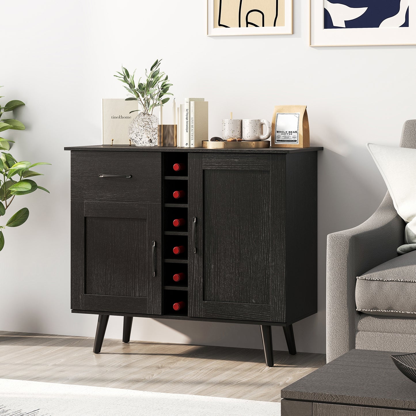 Modern Wine Bar Buffet Cabinet, 6-Bottle Wine Rack, Black Sideboards Cabinets & Buffets at Gallery Canada