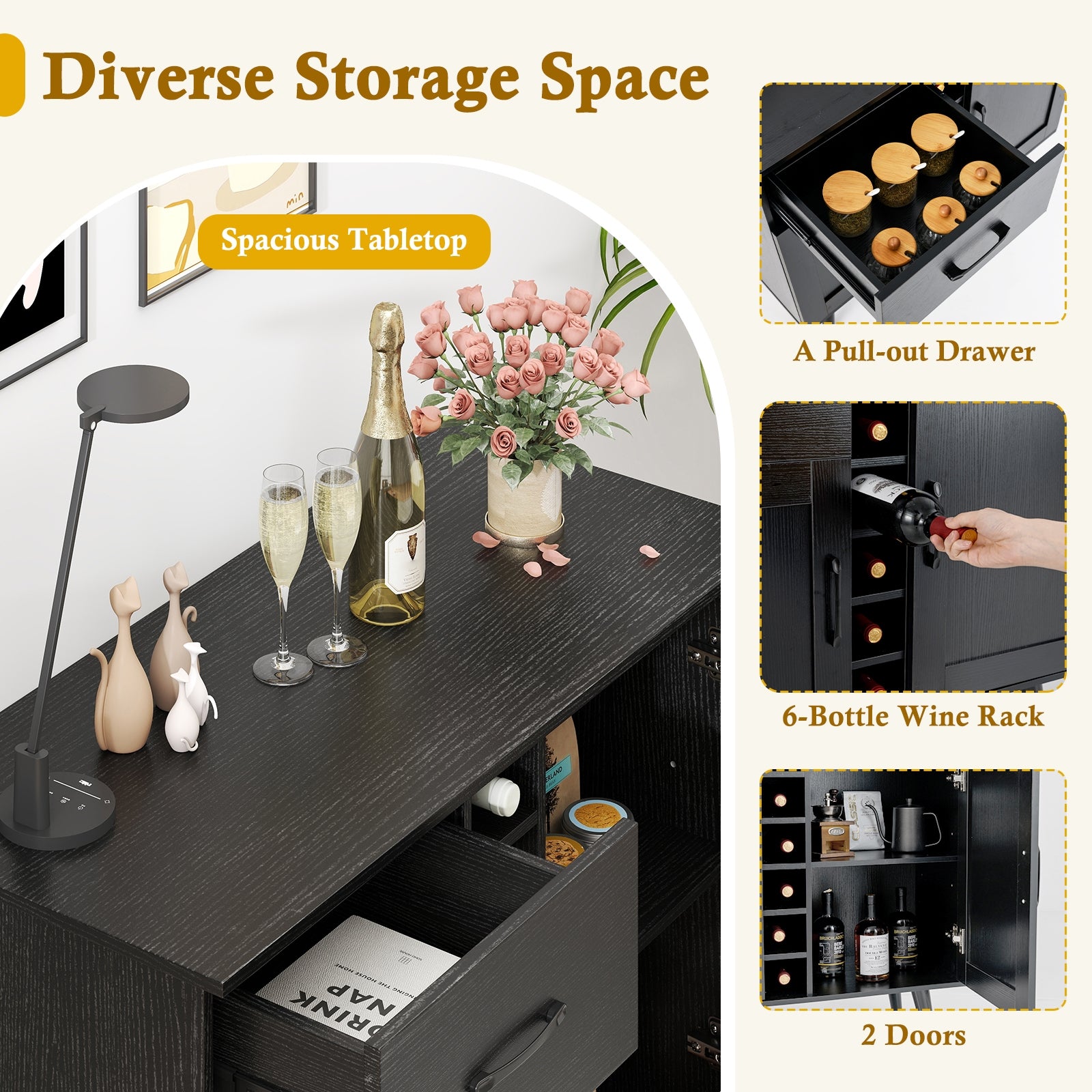 Modern Wine Bar Buffet Cabinet, 6-Bottle Wine Rack, Black Sideboards Cabinets & Buffets at Gallery Canada