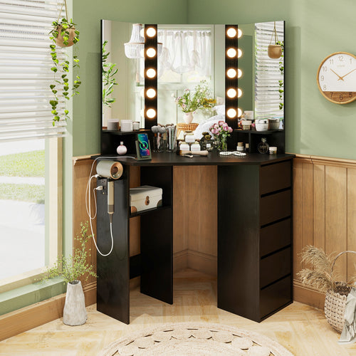 Corner Vanity Desk With LED Mirror, Power Outlet, Black