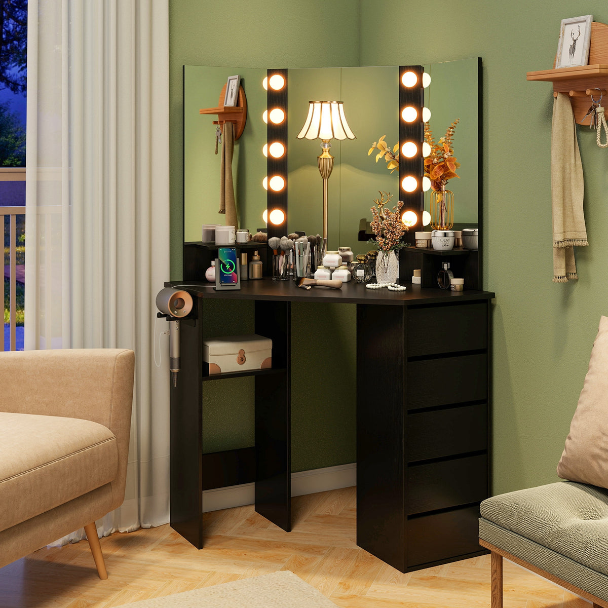 Corner Vanity Desk With LED Mirror, Power Outlet, Black Makeup Vanities at Gallery Canada