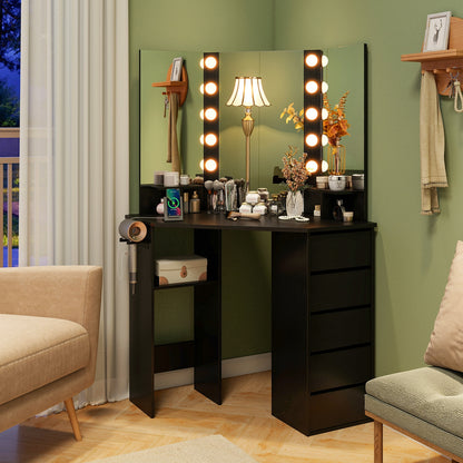 Corner Vanity Desk With LED Mirror, Power Outlet, Black Makeup Vanities at Gallery Canada