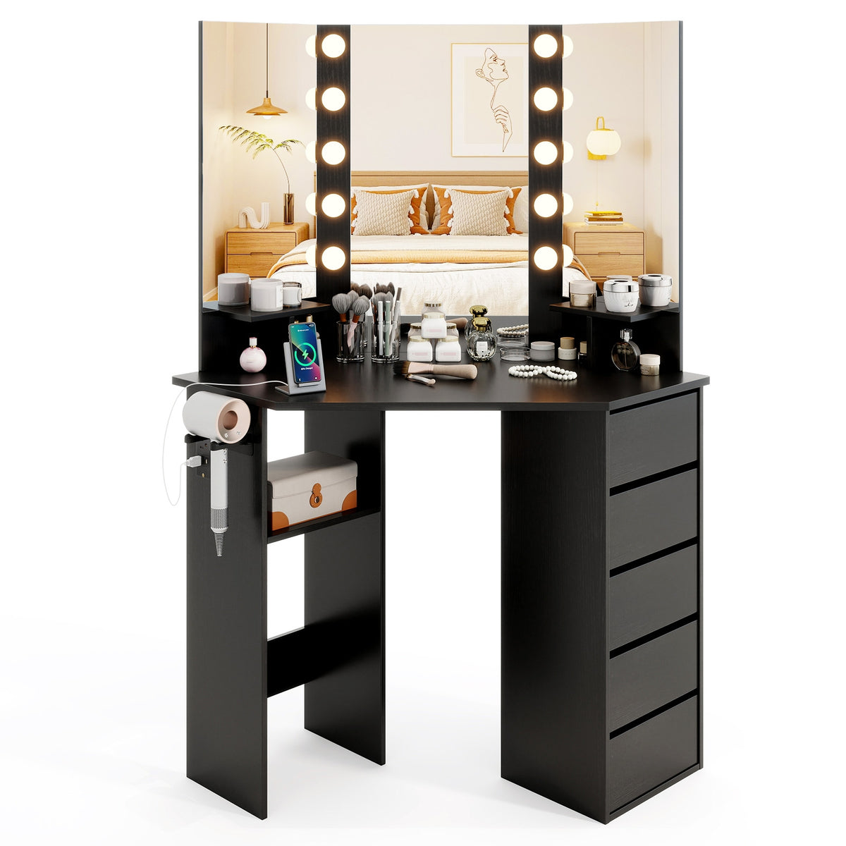 Corner Vanity Desk With LED Mirror, Power Outlet, Black Makeup Vanities Black at Gallery Canada