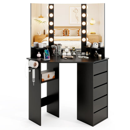 Corner Vanity Desk With LED Mirror, Power Outlet, Black Makeup Vanities Black at Gallery Canada