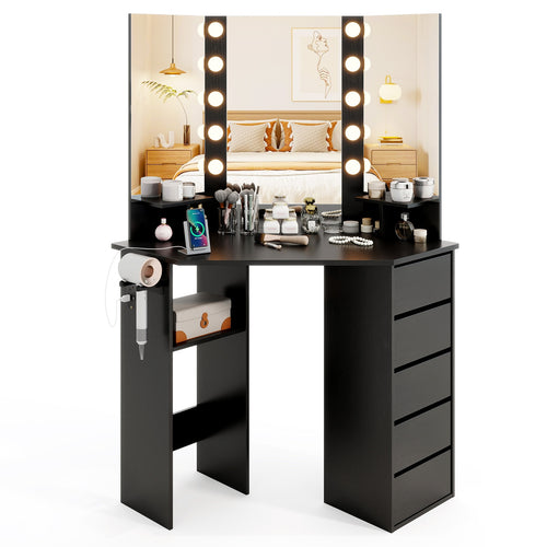 Corner Vanity Desk With LED Mirror, Power Outlet, Black
