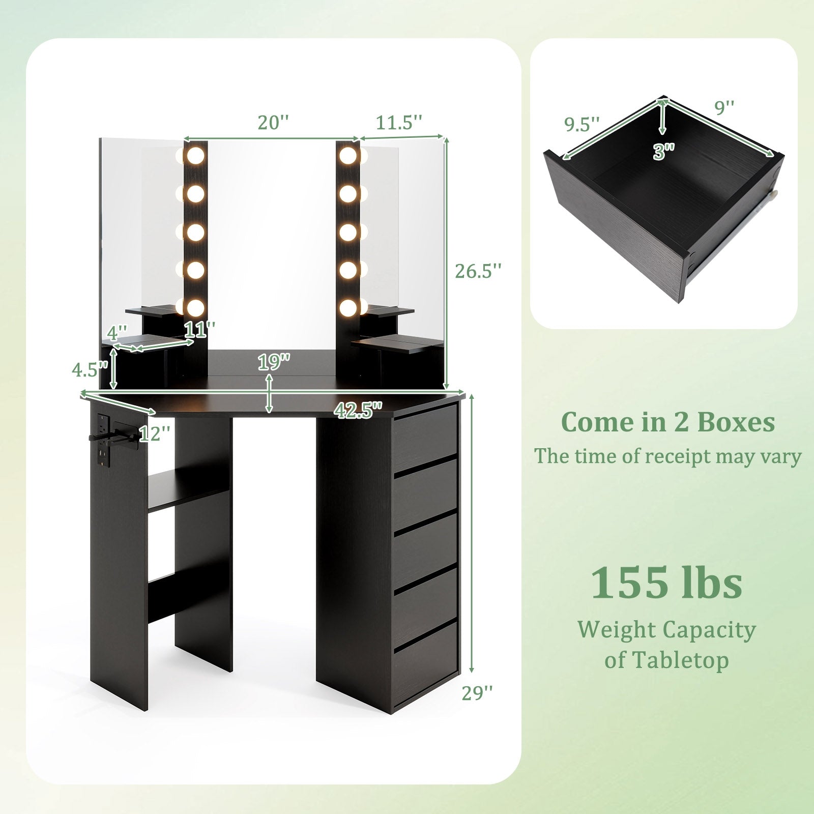 Corner Vanity Desk With LED Mirror, Power Outlet, Black Makeup Vanities at Gallery Canada