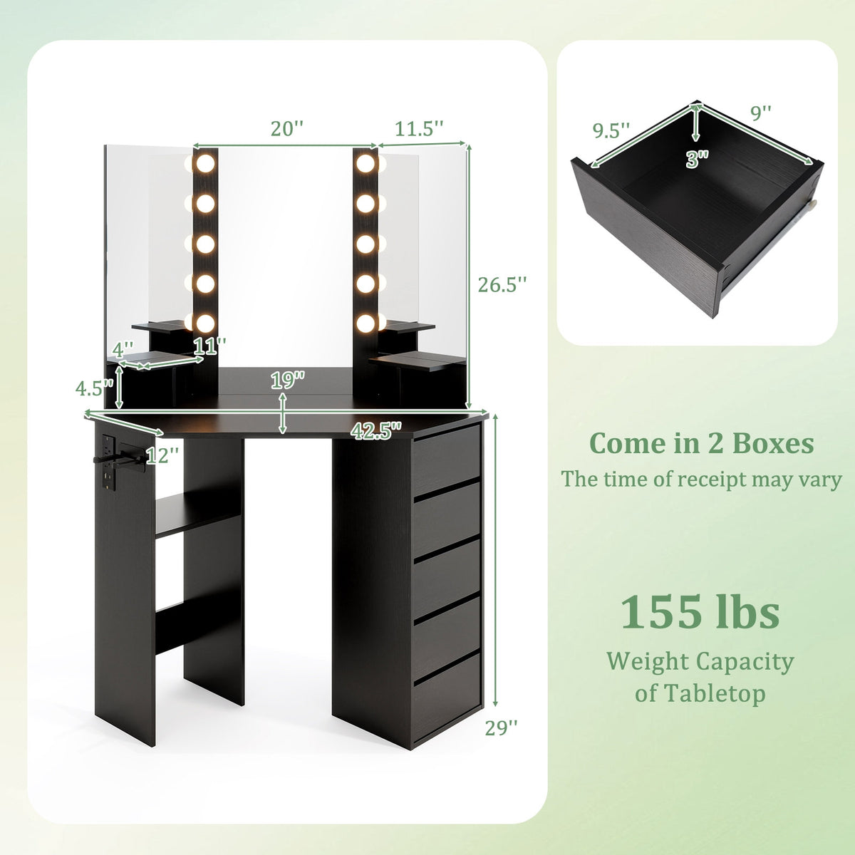 Corner Vanity Desk With LED Mirror, Power Outlet, Black Makeup Vanities at Gallery Canada